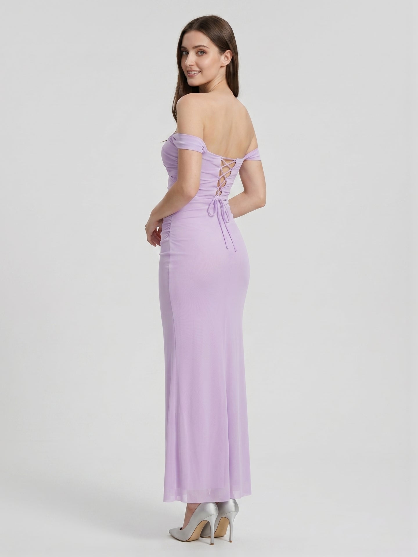 Lilac Stretch Knit Column Off-the-Shoulder Lace-up Floor-Length Bridesmaid Dress - Curvevia