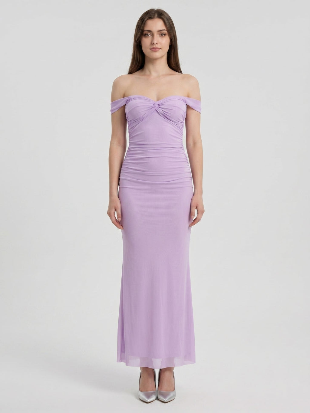 Lilac Stretch Knit Column Off-the-Shoulder Lace-up Floor-Length Bridesmaid Dress - Curvevia