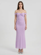 Lilac Stretch Knit Column Off-the-Shoulder Lace-up Floor-Length Bridesmaid Dress - Curvevia