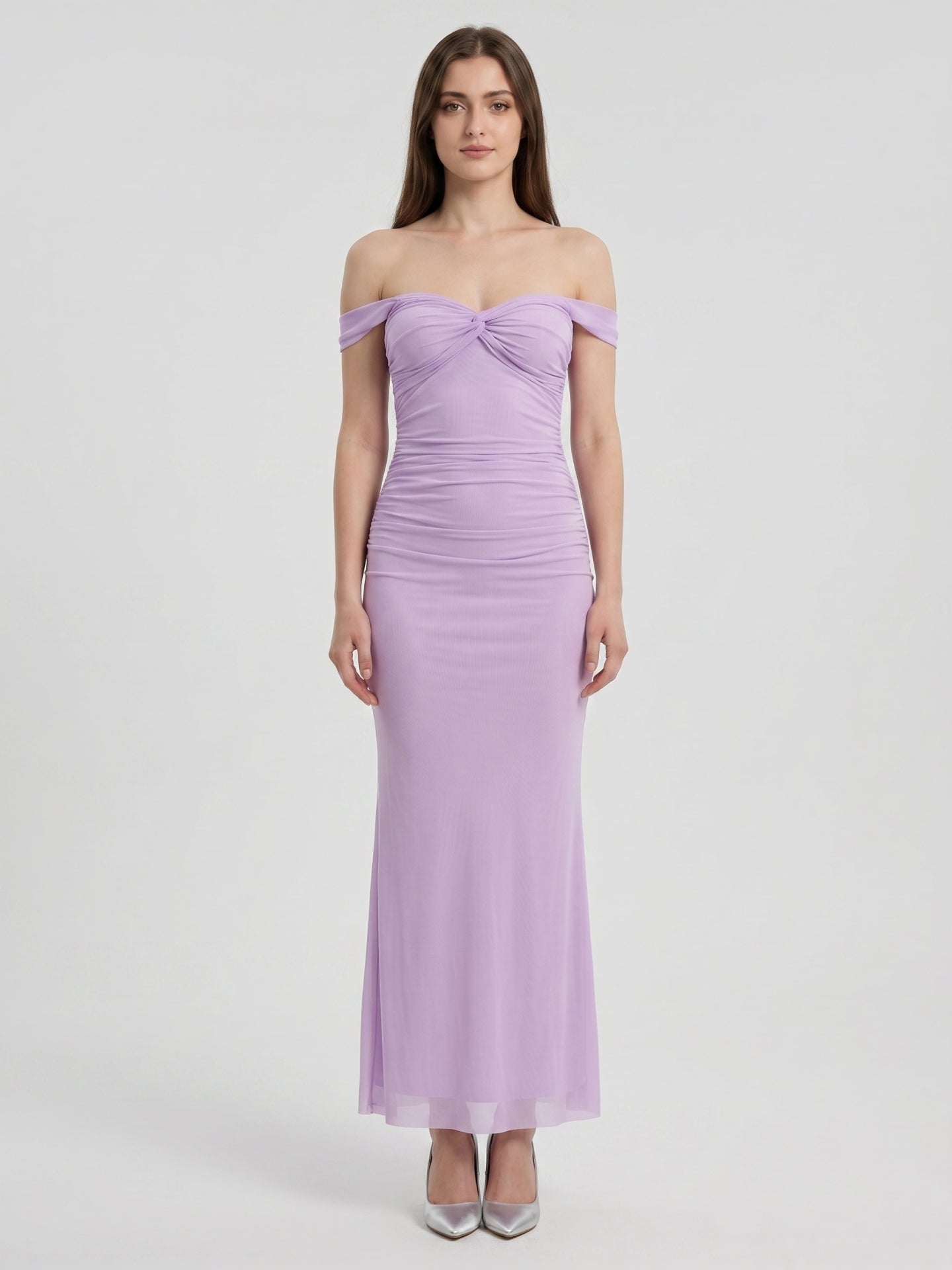 Lilac Stretch Knit Column Off-the-Shoulder Lace-up Floor-Length Bridesmaid Dress - Curvevia