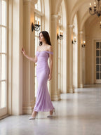 Lilac Stretch Knit Column Off-the-Shoulder Lace-up Floor-Length Bridesmaid Dress - Curvevia
