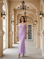 Lilac Stretch Knit Column Off-the-Shoulder Lace-up Floor-Length Bridesmaid Dress - Curvevia