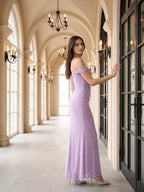 Lilac Stretch Knit Column Off-the-Shoulder Lace-up Floor-Length Bridesmaid Dress - Curvevia