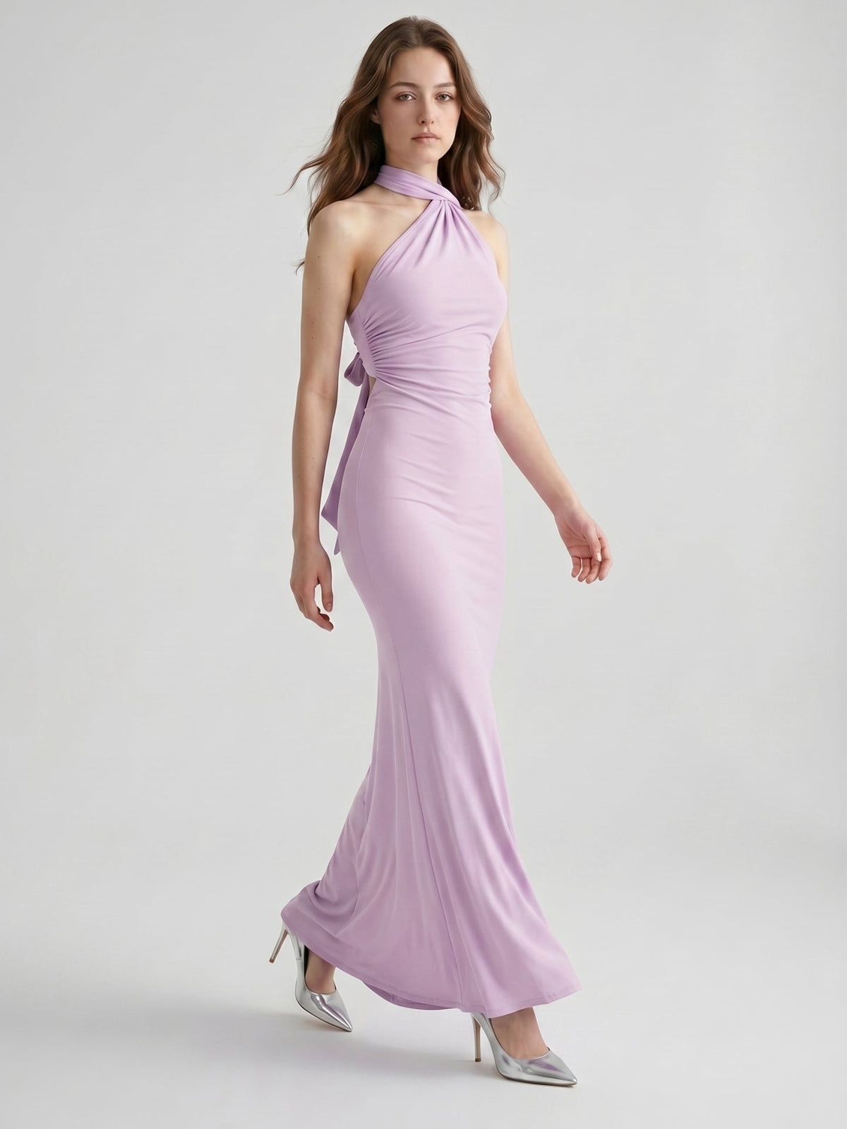 Lilac Matte Satin Mermaid Halter Neckline Backless Floor-Length Bridesmaid Dress with Bow - Curvevia