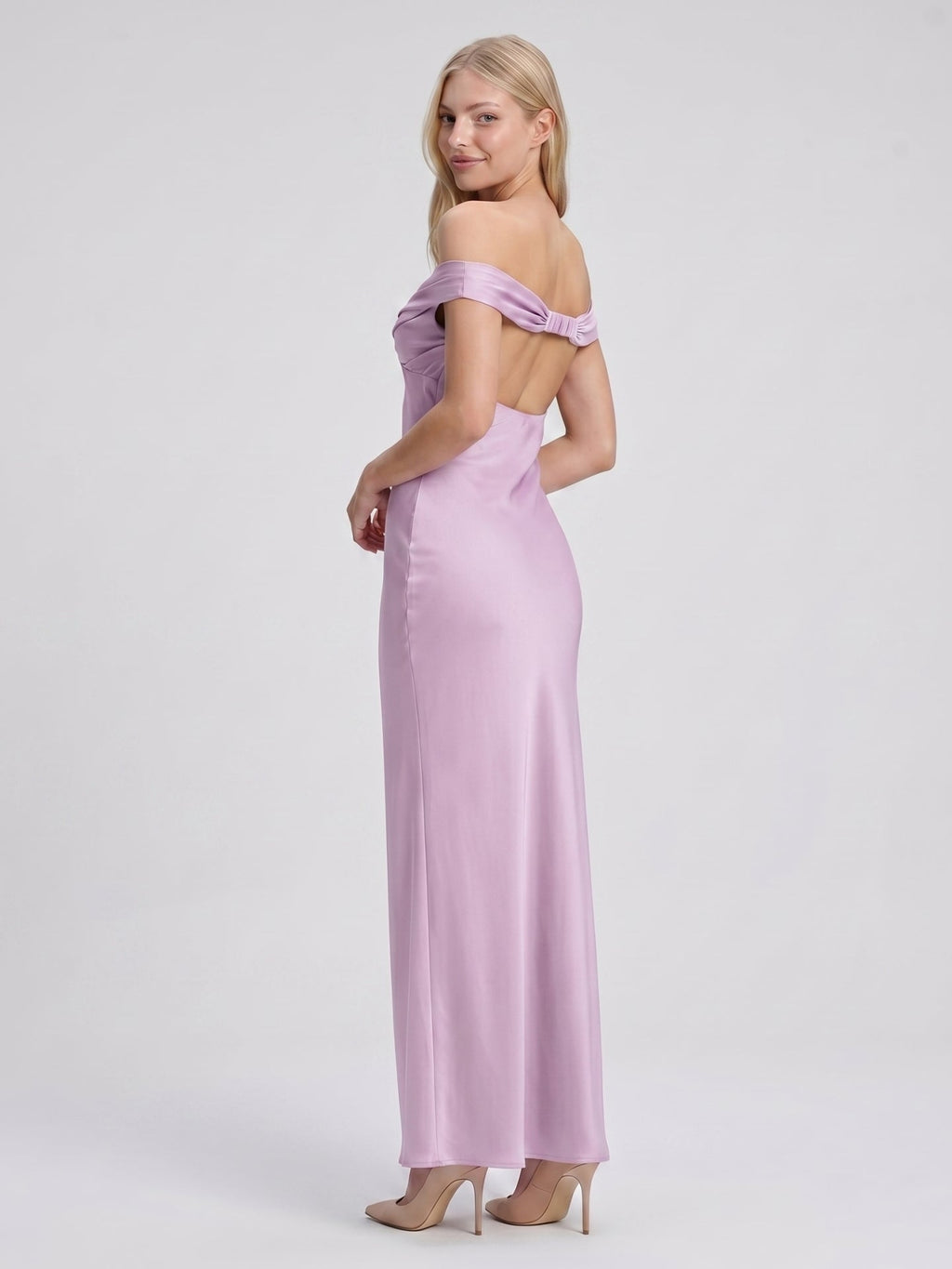 Lilac Satin Mermaid Off-the-Shoulder Backless Floor-Length Bridesmaid Dress - Curvevia