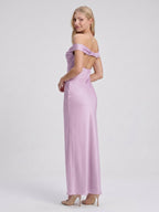 Lilac Satin Mermaid Off-the-Shoulder Backless Floor-Length Bridesmaid Dress - Curvevia
