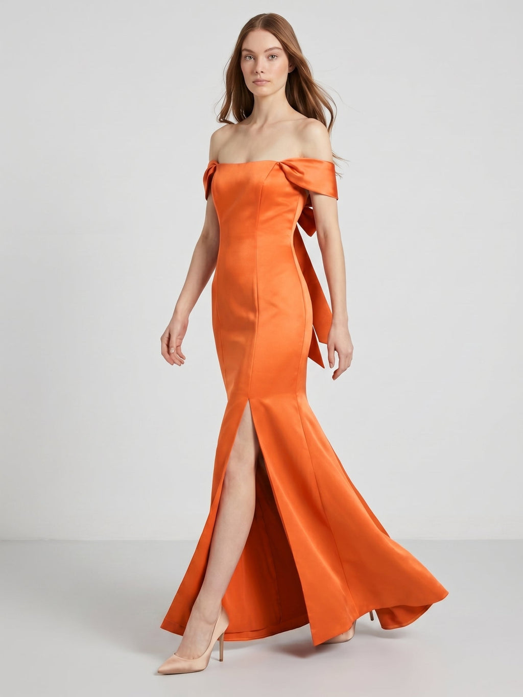 Liquid Orange Satin Trumpet Off-the-Shoulder Backless Floor-Length Bridesmaid Dress with Bow - Curvevia