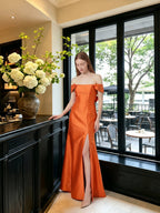 Liquid Orange Satin Trumpet Off-the-Shoulder Backless Floor-Length Bridesmaid Dress with Bow - Curvevia