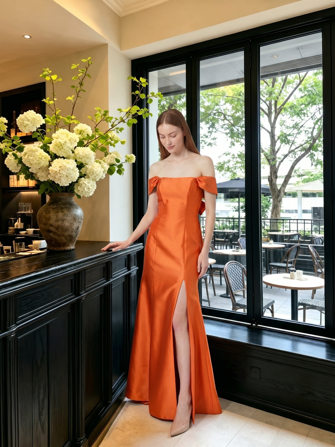 Liquid Orange Satin Trumpet Off-the-Shoulder Backless Floor-Length Bridesmaid Dress with Bow - Curvevia