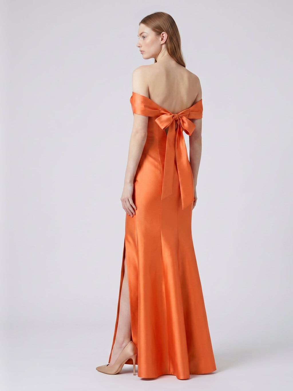 Liquid Orange Satin Trumpet Off-the-Shoulder Backless Floor-Length Bridesmaid Dress with Bow - Curvevia
