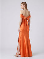 Liquid Orange Satin Trumpet Off-the-Shoulder Backless Floor-Length Bridesmaid Dress with Bow - Curvevia