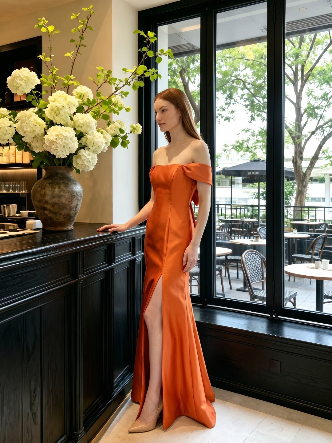 Liquid Orange Satin Trumpet Off-the-Shoulder Backless Floor-Length Bridesmaid Dress with Bow - Curvevia