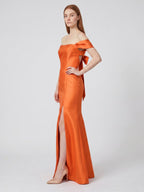 Liquid Orange Satin Trumpet Off-the-Shoulder Backless Floor-Length Bridesmaid Dress with Bow - Curvevia