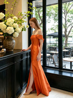 Liquid Orange Satin Trumpet Off-the-Shoulder Backless Floor-Length Bridesmaid Dress with Bow - Curvevia
