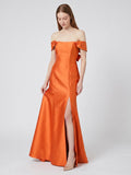 Liquid Orange Satin Trumpet Off-the-Shoulder Backless Floor-Length Bridesmaid Dress with Bow - Curvevia