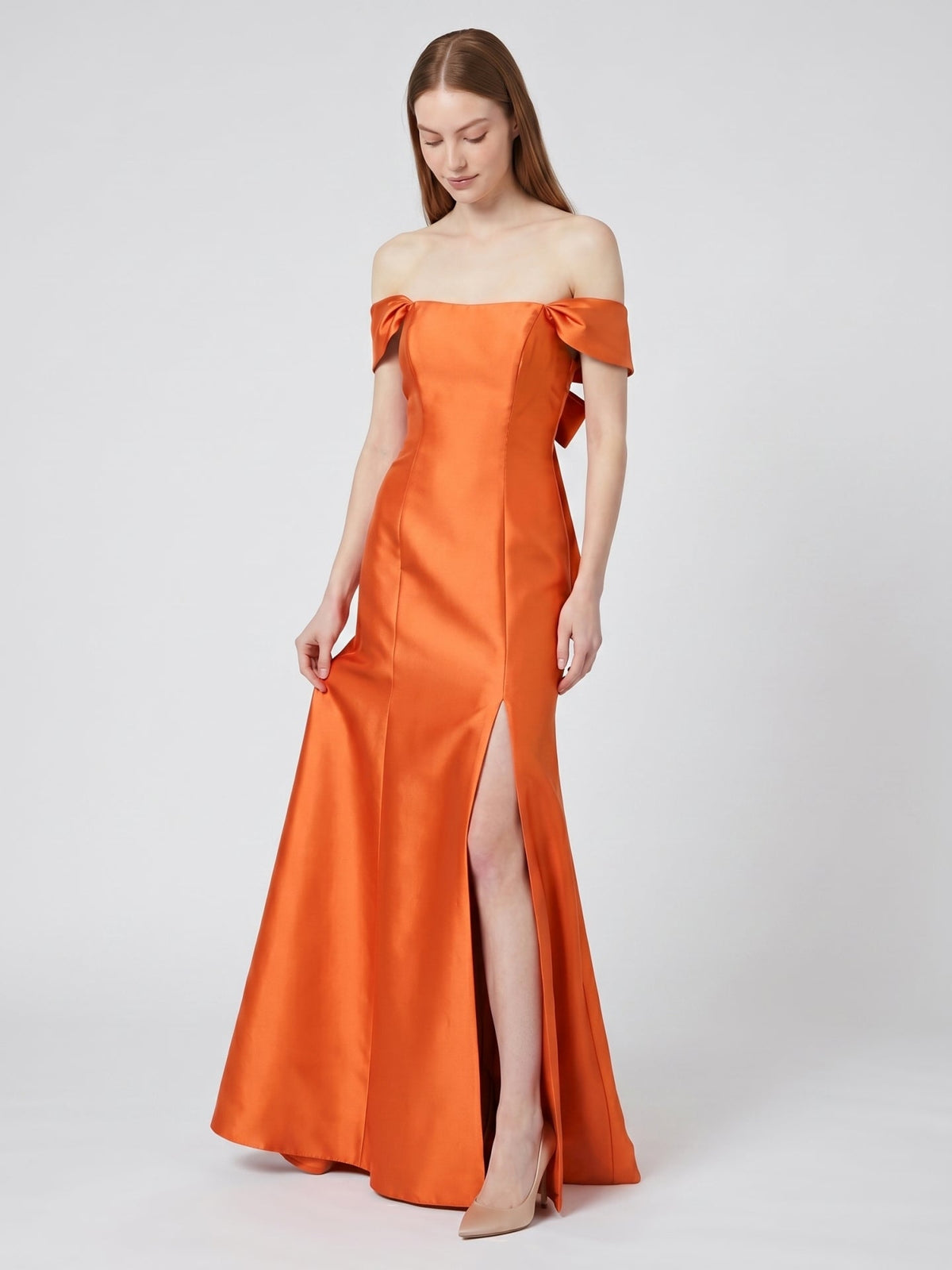 Liquid Orange Satin Trumpet Off-the-Shoulder Backless Floor-Length Bridesmaid Dress with Bow - Curvevia