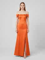 Liquid Orange Satin Trumpet Off-the-Shoulder Backless Floor-Length Bridesmaid Dress with Bow - Curvevia
