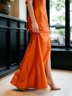 Liquid Orange Satin Trumpet Off-the-Shoulder Backless Floor-Length Bridesmaid Dress with Bow - Curvevia
