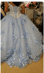 Sky Blue 3D Appliques Off The Shoulder Ball Gown Quinceanera Dresses - Curvevia