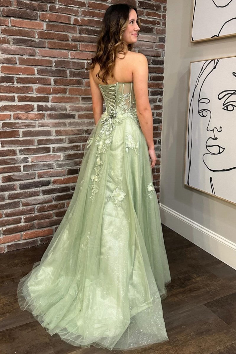 Sage Green Sweetheart Lace-Up Long Evening Dress with 3D Floral Lace - Curvevia