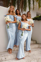 Off-Shoulder Sheath Pleated Satin Sky Blue Long Bridesmaid Dress - Curvevia