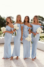 Off-Shoulder Sheath Pleated Satin Sky Blue Long Bridesmaid Dress - Curvevia