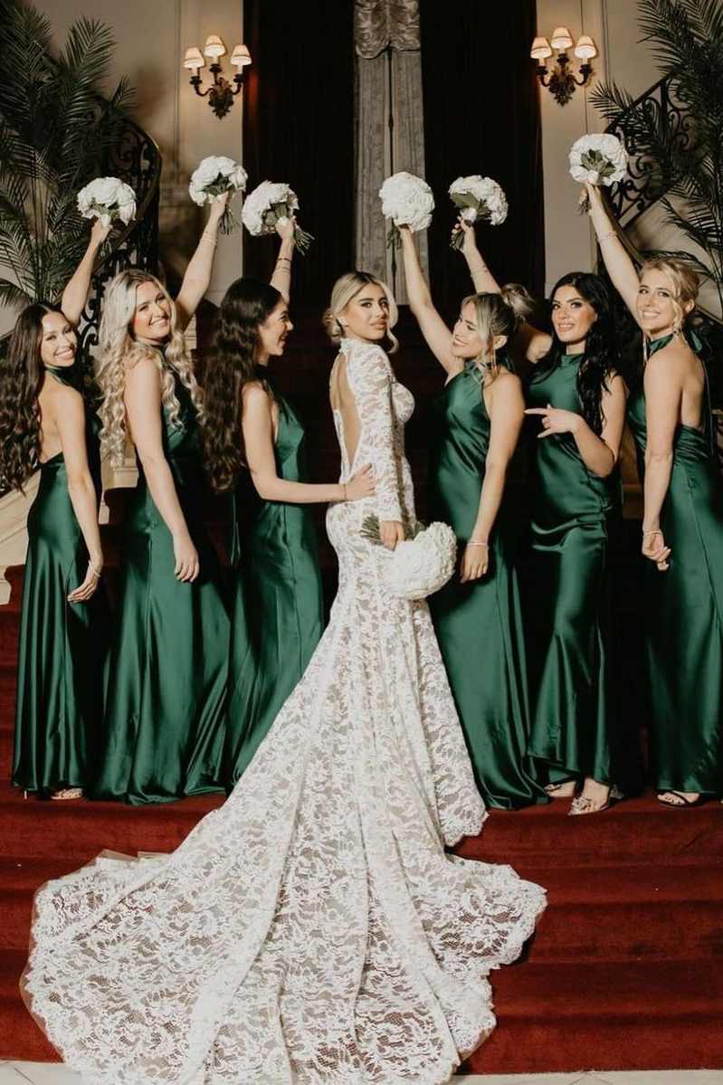 Halter Satin Pleated Mermaid Sleeveless Long Bridesmaid Dress - Curvevia