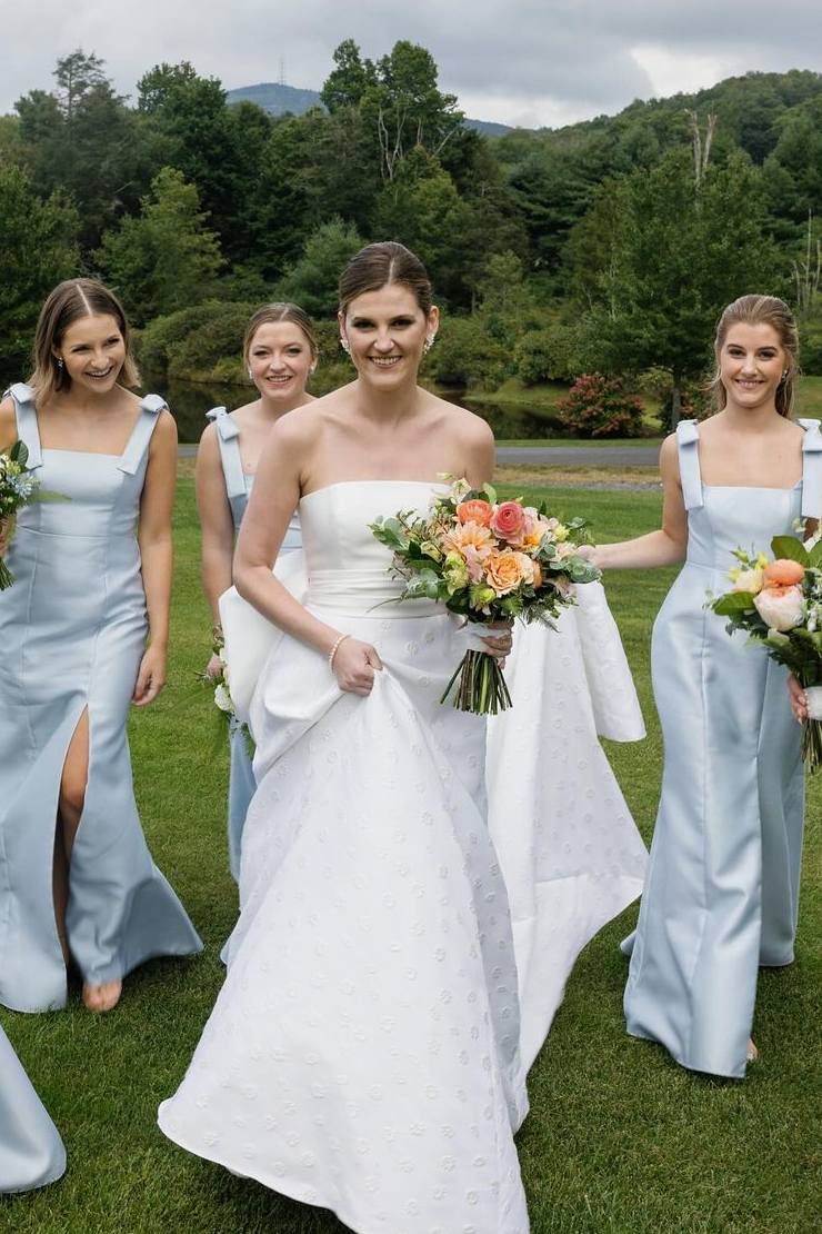Mermaid Straps Bows Pleats Satin Sleeveless Long Bridesmaid Dress with Slit - Curvevia