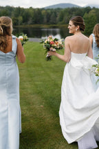 Mermaid Straps Bows Pleats Satin Sleeveless Long Bridesmaid Dress with Slit - Curvevia