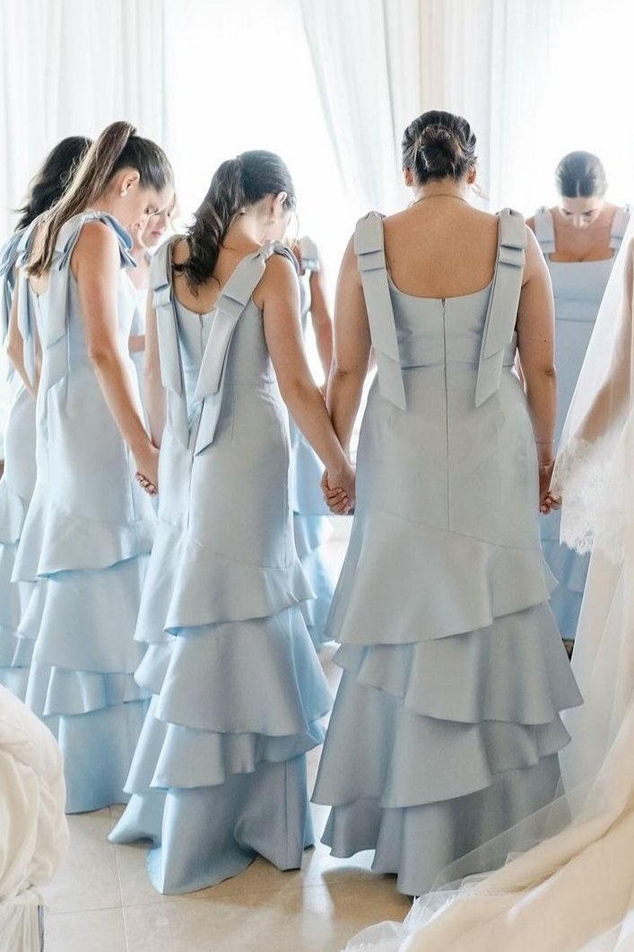 Light Blue Straps with Bows Mermaid Satin Tiered Long Bridesmaid Dress - Curvevia