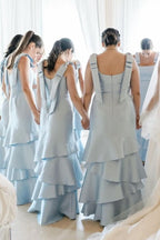 Light Blue Straps with Bows Mermaid Satin Tiered Long Bridesmaid Dress - Curvevia