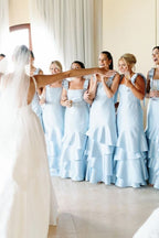Light Blue Straps with Bows Mermaid Satin Tiered Long Bridesmaid Dress - Curvevia