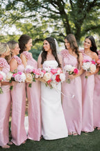 Pink One Shoulder Sheath Flower Sleeveless Satin Long Bridesmaid Dress - Curvevia