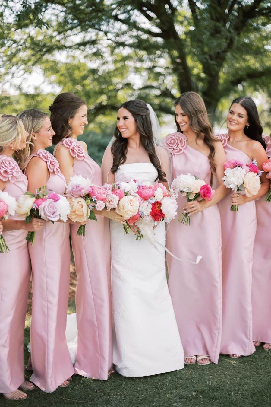 Pink One Shoulder Sheath Flower Sleeveless Satin Long Bridesmaid Dress - Curvevia
