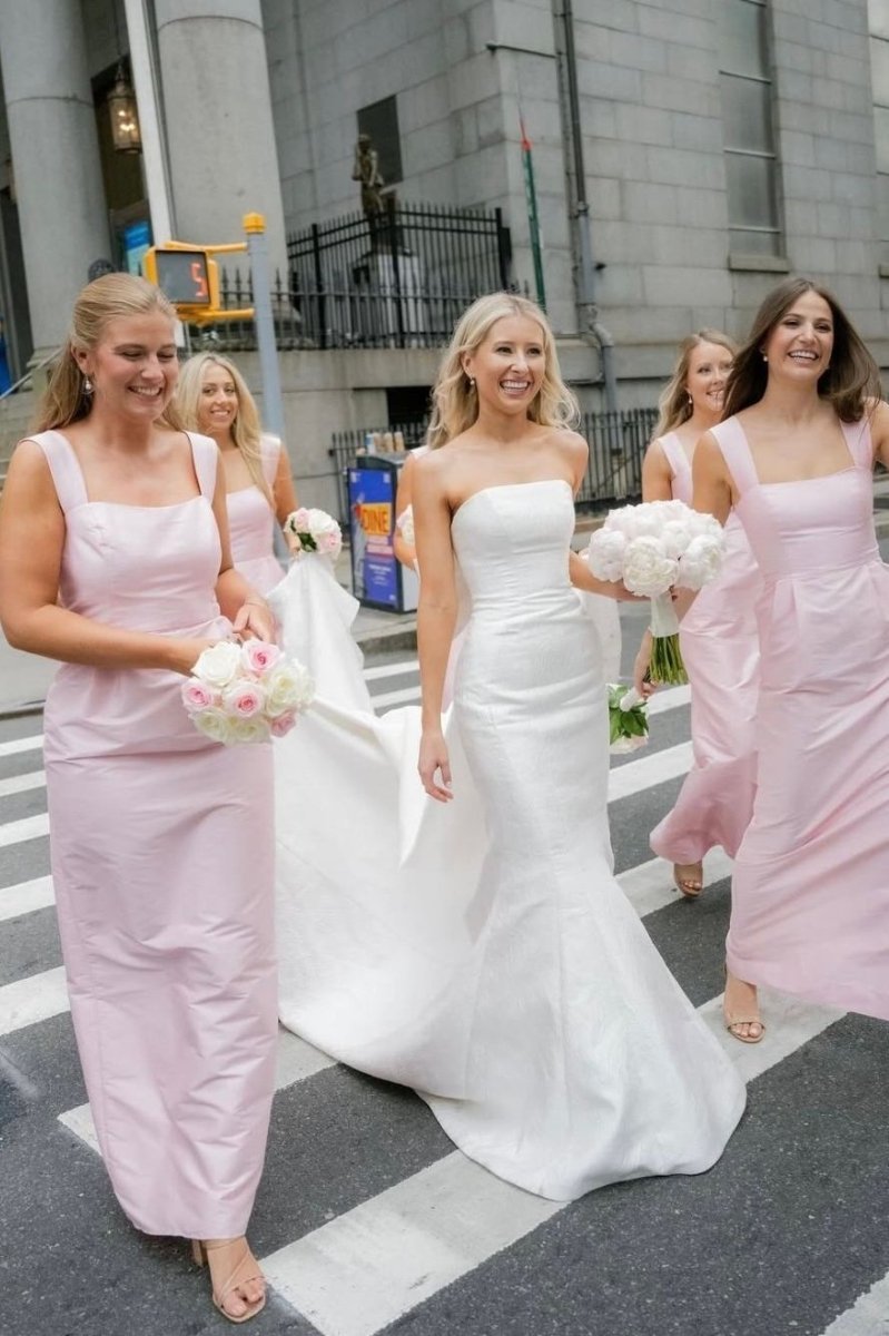 Pink Straps Sheath Square Neck Satin Sleeveless Long Bridesmaid Dress - Curvevia