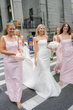 Pink Straps Sheath Square Neck Satin Sleeveless Long Bridesmaid Dress - Curvevia