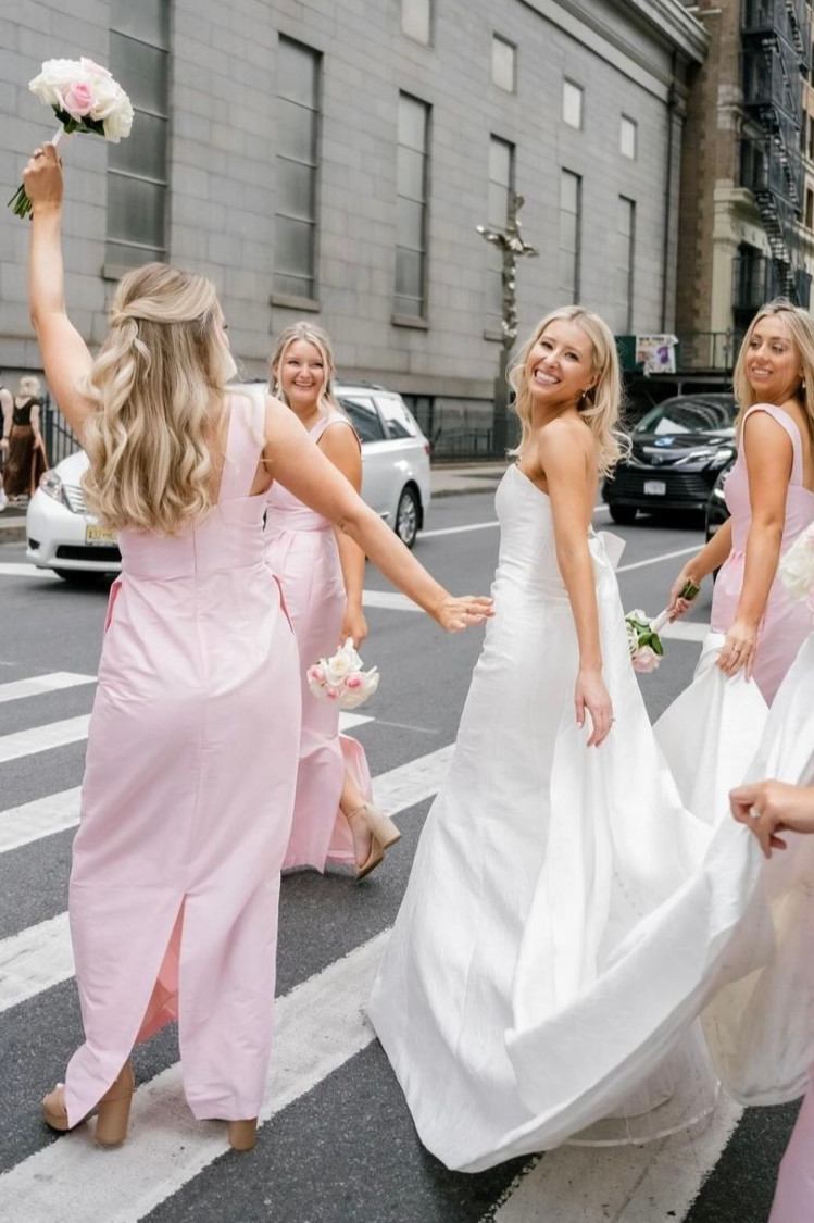 Pink Straps Sheath Square Neck Satin Sleeveless Long Bridesmaid Dress - Curvevia