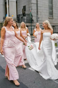 Pink Straps Sheath Square Neck Satin Sleeveless Long Bridesmaid Dress - Curvevia