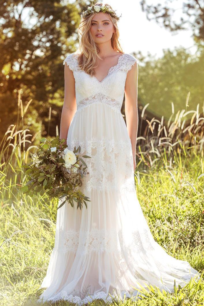 V-Neck Long Cap-Sleeve Appliqued Lace Tulle Wedding Dress - Curvevia