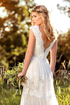 V-Neck Long Cap-Sleeve Appliqued Lace Tulle Wedding Dress - Curvevia
