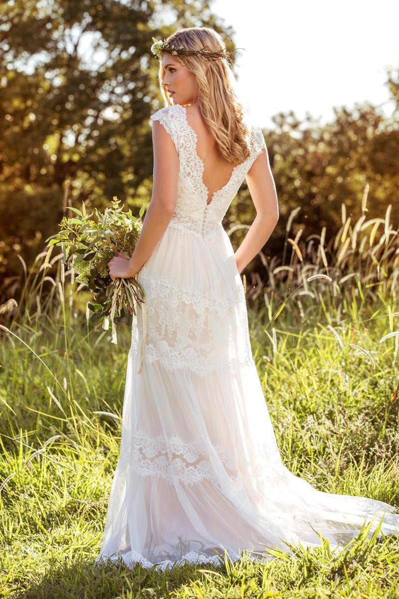 V-Neck Long Cap-Sleeve Appliqued Lace Tulle Wedding Dress - Curvevia