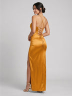 Elegant Marigold Satin column Sweetheart Criss-Cross Straps Ankle-Length Bridesmaid Dress - Curvevia