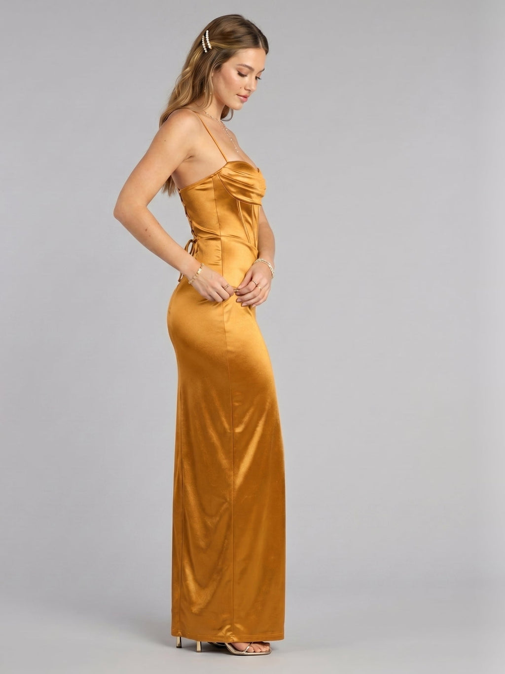 Elegant Marigold Satin column Sweetheart Criss-Cross Straps Ankle-Length Bridesmaid Dress - Curvevia