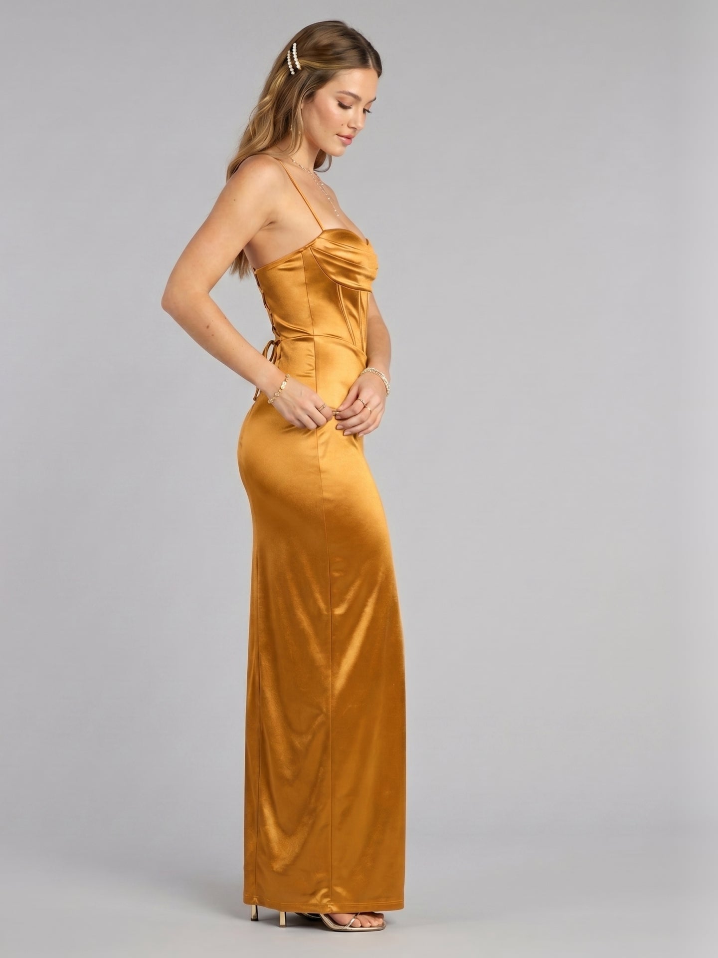 Elegant Marigold Satin column Sweetheart Criss-Cross Straps Ankle-Length Bridesmaid Dress - Curvevia