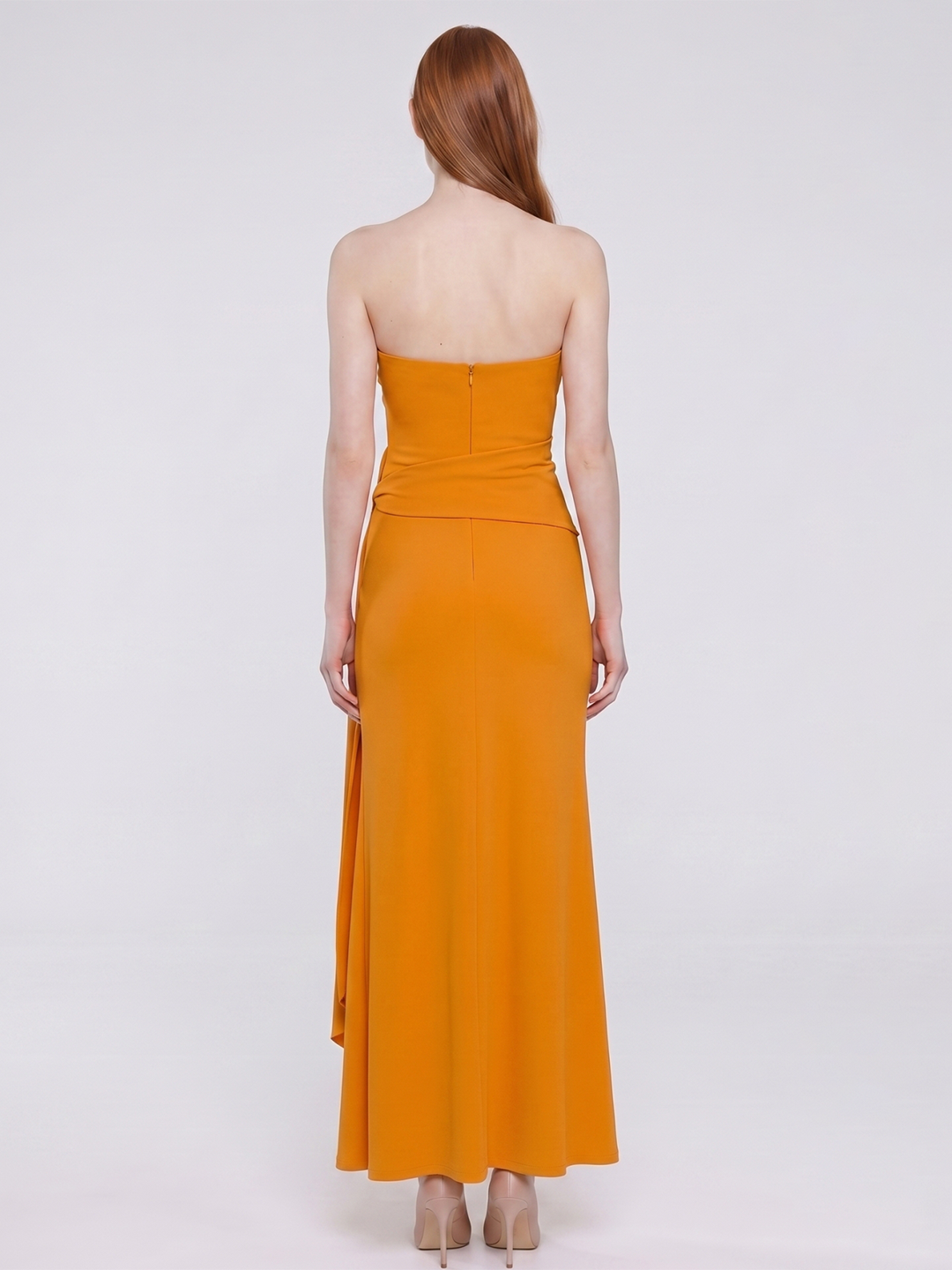 Marigold Stretch knit Trumpet Sweetheart Backless Ankle Bridesmaid Dress with Pleats - Curvevia