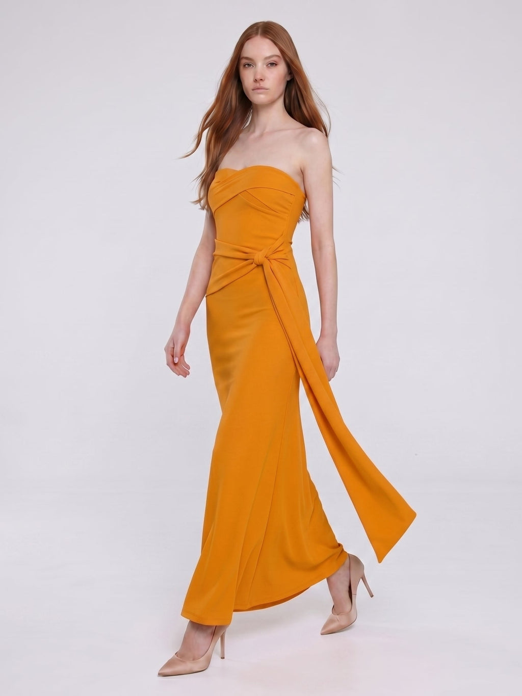 Marigold Stretch knit Trumpet Sweetheart Backless Ankle Bridesmaid Dress with Pleats - Curvevia
