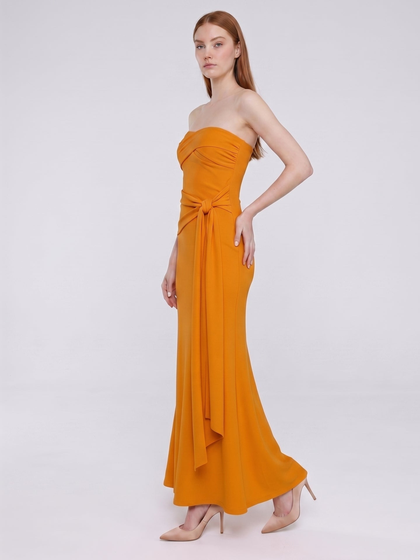 Marigold Stretch knit Trumpet Sweetheart Backless Ankle Bridesmaid Dress with Pleats - Curvevia