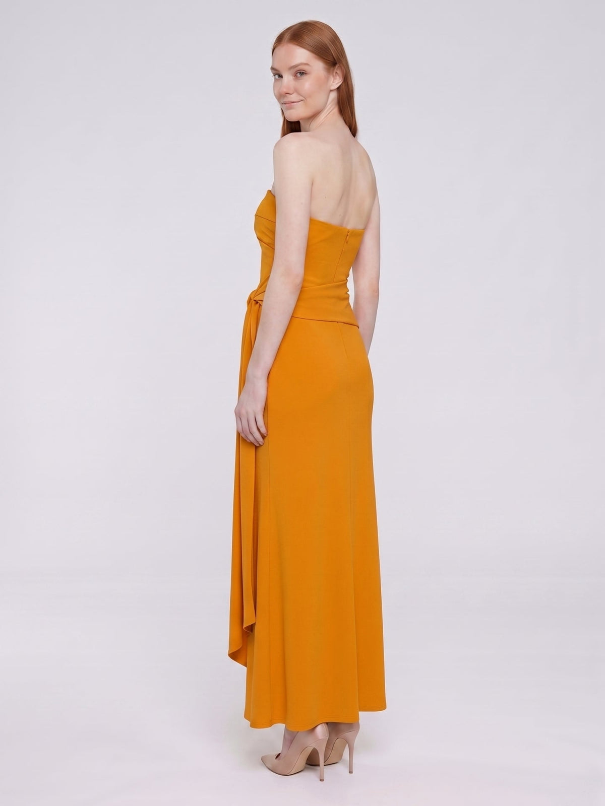 Marigold Stretch knit Trumpet Sweetheart Backless Ankle Bridesmaid Dress with Pleats - Curvevia