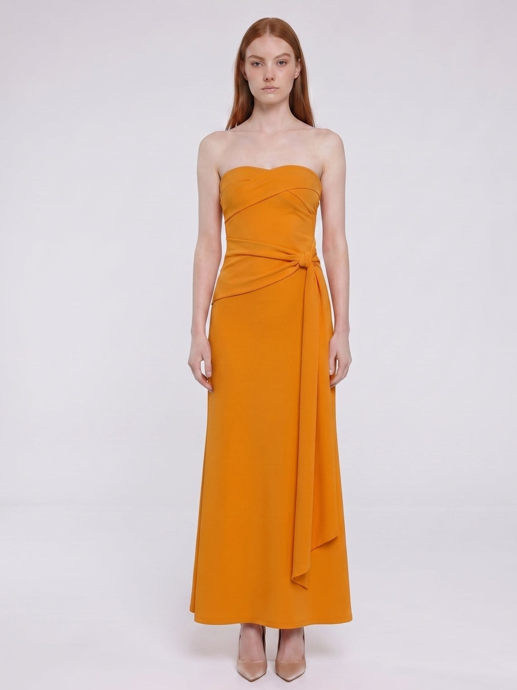 Marigold Stretch knit Trumpet Sweetheart Backless Ankle Bridesmaid Dress with Pleats - Curvevia