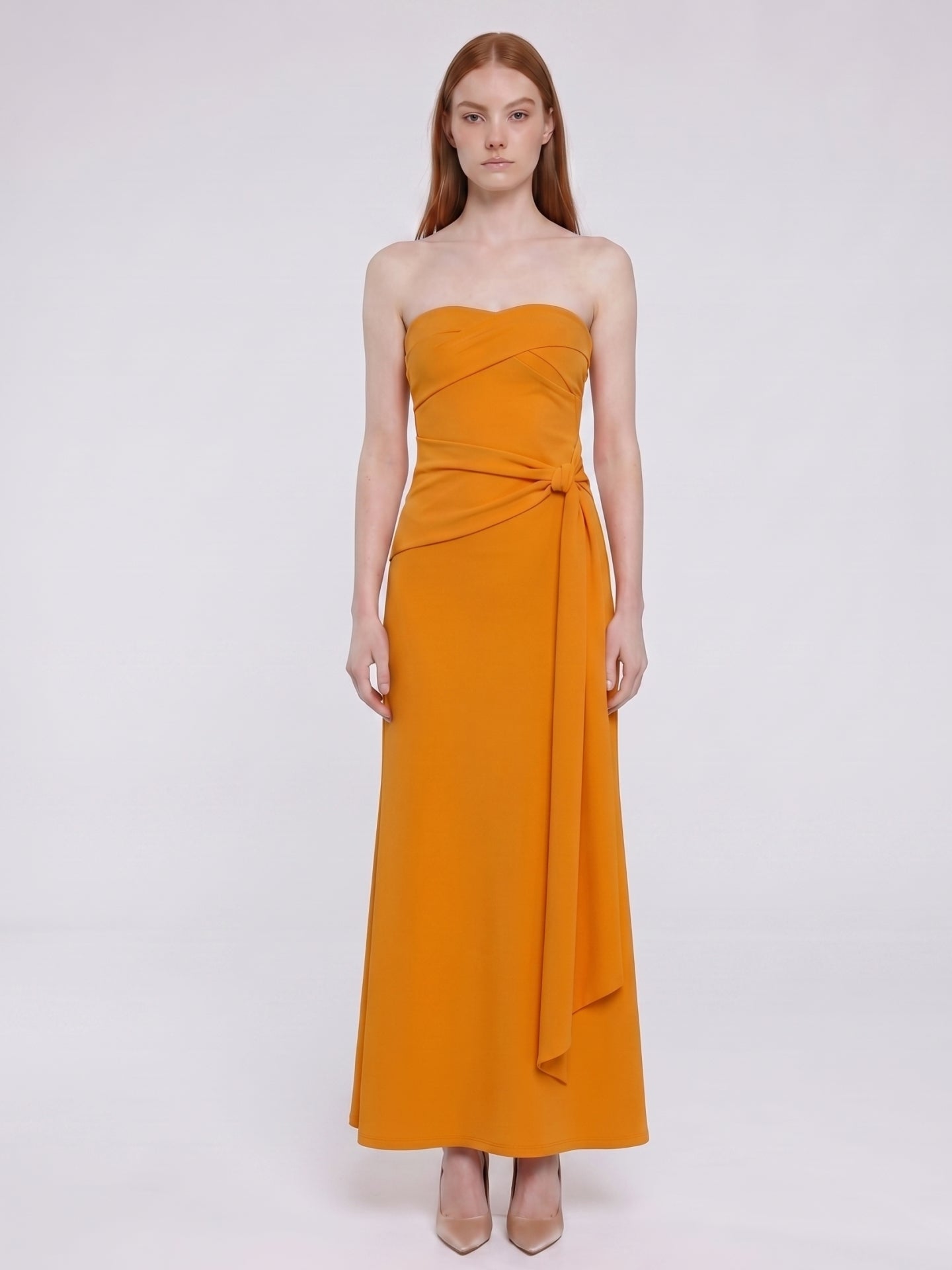 Marigold Stretch knit Trumpet Sweetheart Backless Ankle Bridesmaid Dress with Pleats - Curvevia